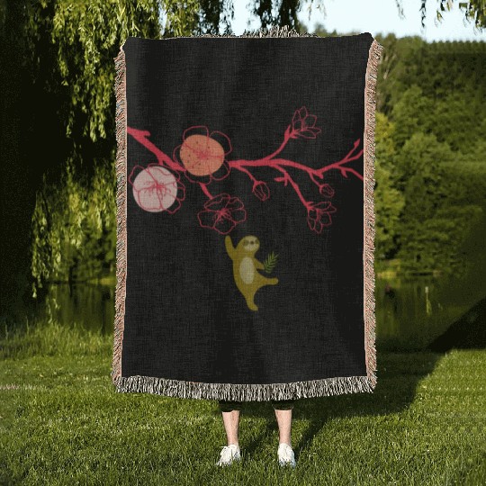 Japanese cherry blossoms and sloth Woven Blankets