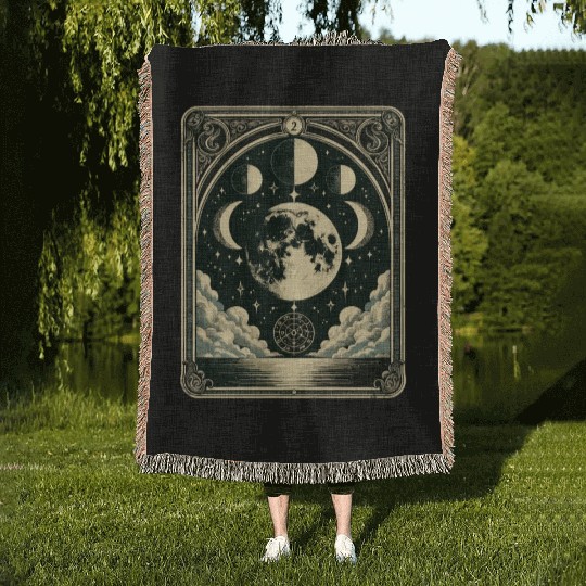 Tarot Card Vintage Moon Phase Astrology Tarot Woven Blankets