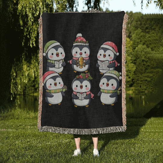 Festive Penguin Carolers Singing Christmas Carols Woven Blankets
