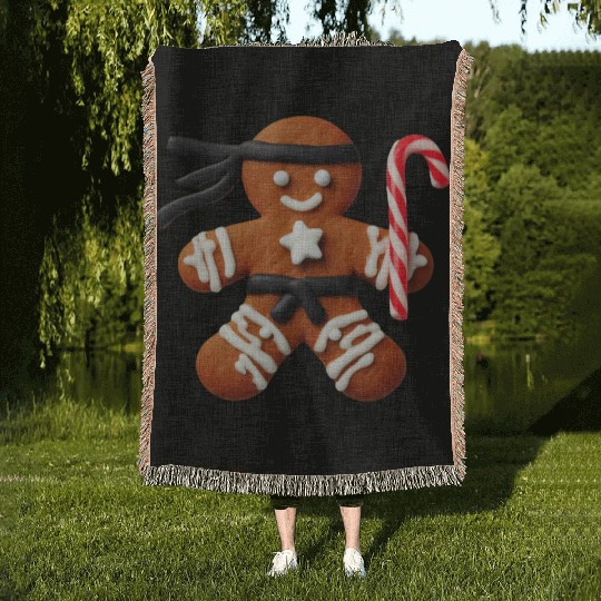 Funny Ninja Gingerbread Man Cookie Candy Cane Woven Blankets