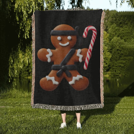 Funny Ninja Gingerbread Man Cookie Candy Cane Woven Blankets