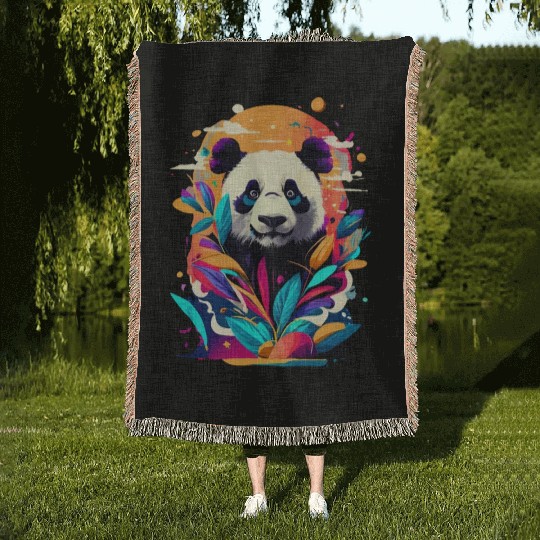 Giant Panda Colourful - Cute Panda Bear Bamboo Woven Blankets