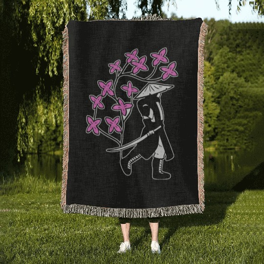 Samurai Sakura Tree Chinese Warrior Gift Woven Blankets