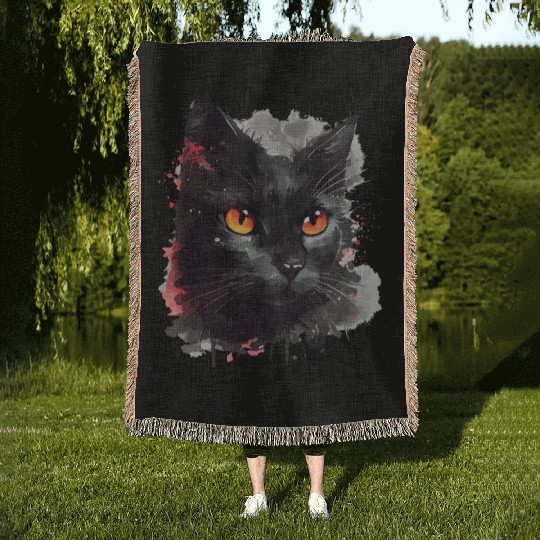Black Cat Japanese Watercolor Mystery Gaze Woven Blankets