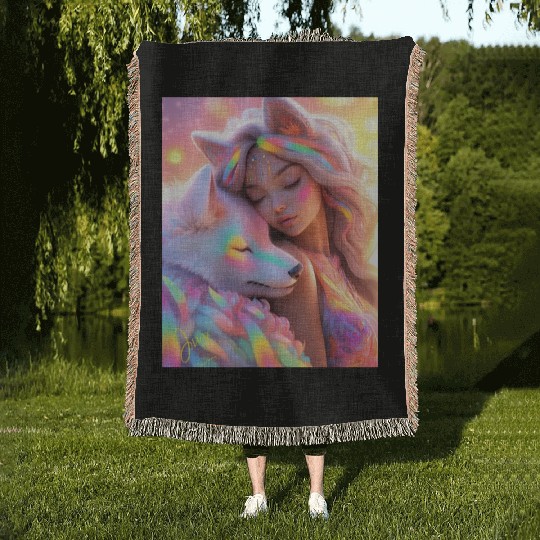 Rainbow Friends - White Wolf and Girl Woven Blankets