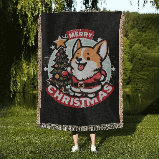 Retro Christmas Corgi Gifts For Dog Lovers Woven Blankets