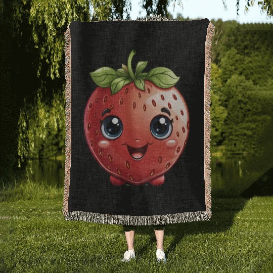 A cute kawaii style strawberry with a smiling face Woven Blankets