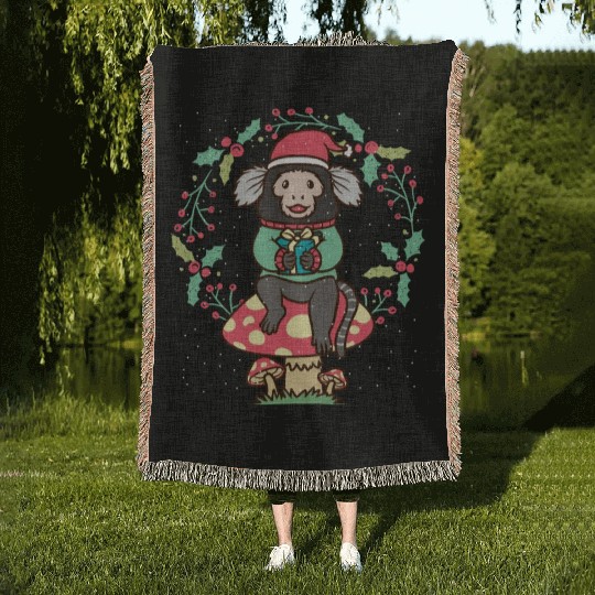 Marmoset Monkey On Mushroom Christmas Wreath Woven Blankets