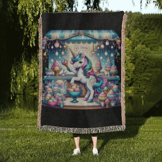 Unicorn Ice Cream Vendor Woven Blankets