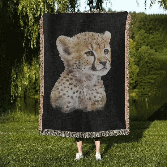Baby Cheetah Art Watercolor Painting Portrait Woven Blankets