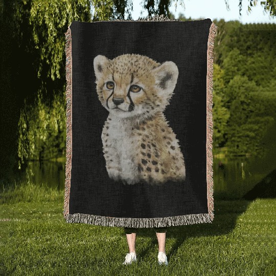 Cute Baby Cheetah Watercolor Painting Portrait Woven Blankets