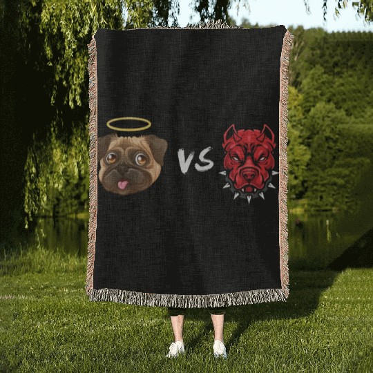 Angel Pug Dog Vs Devil Pitbull Dog Woven Blankets