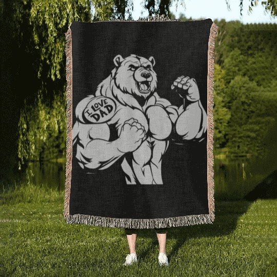 Brown Bear Biceps Tattoo I Love Dad Woven Blankets