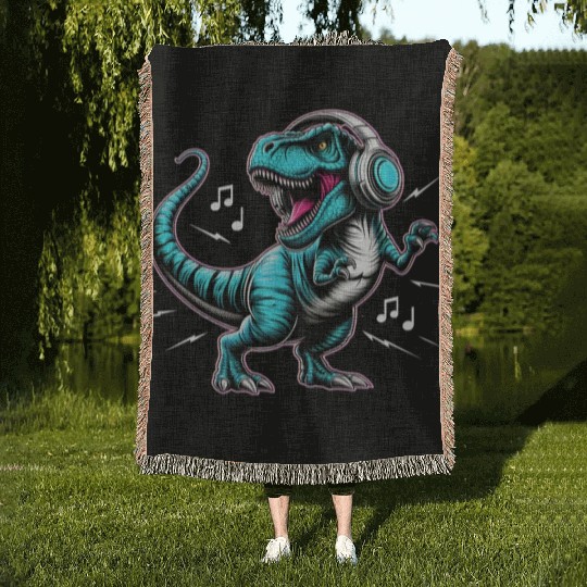 Dancing Tyrannosaurus Rex with Headphone Woven Blankets
