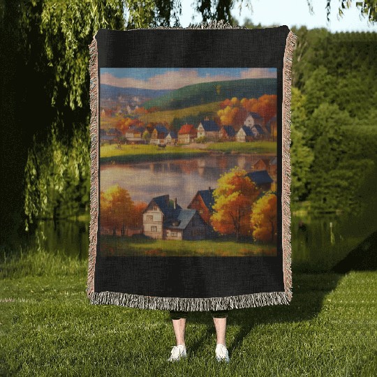 relaxing village skyline in autumn 1 Woven Blankets
