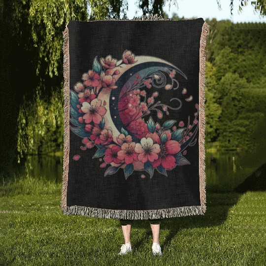 Moon And Cherry Blossoms In Japanese Style Woven Blankets