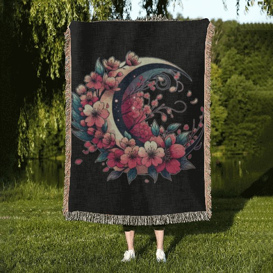 Moon And Cherry Blossoms In Japanese Style Woven Blankets