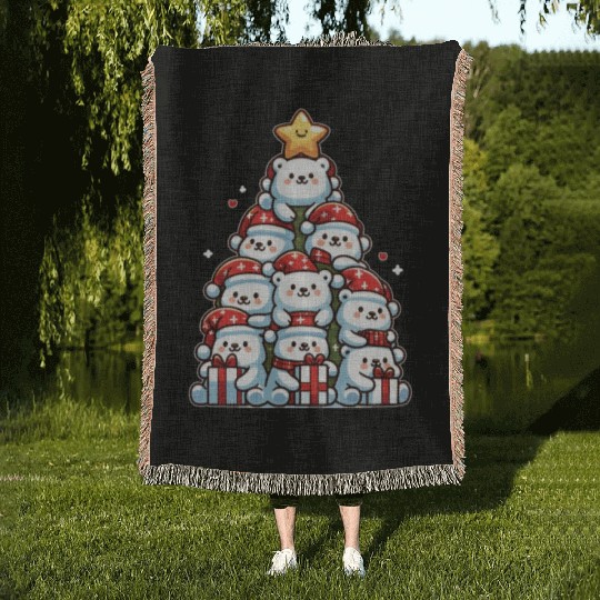 Polar Bear Christmas Tree Merry Christmas Woven Blankets