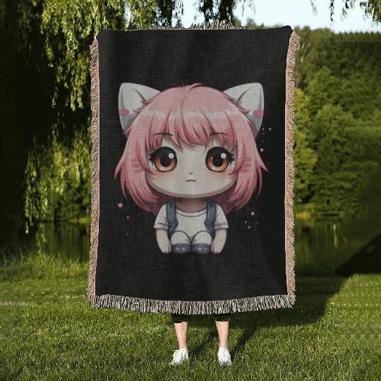 kawaii cat face with cat head Woven Blankets