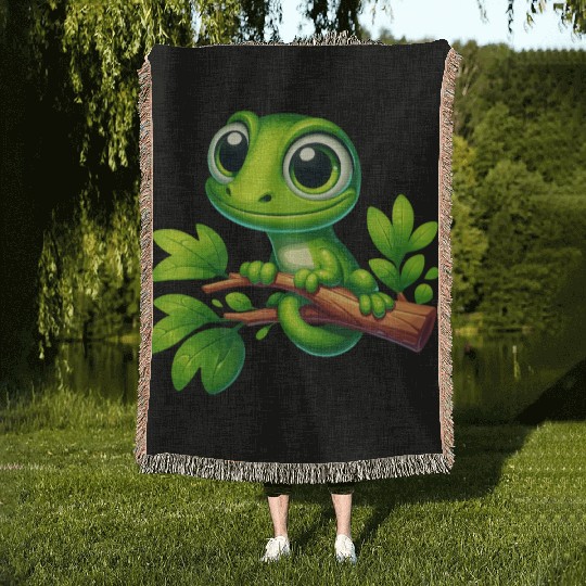 Green Anole Lizard Woven Blankets