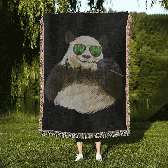 Chilling Panda Eating Bamboo Bear Woven Blankets