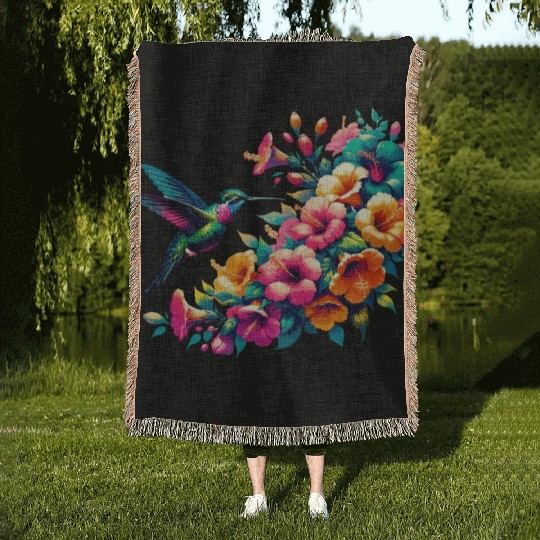 Hummingbird and Hibiscus Blossom Art Woven Blankets