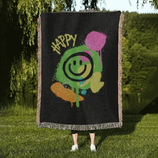 Green Black Graffiti Face Woven Blankets