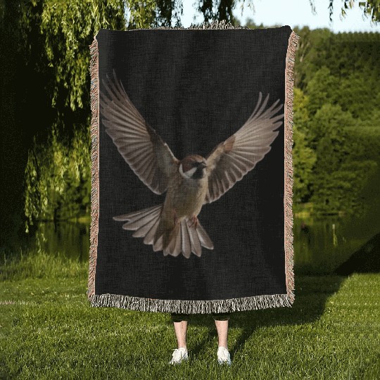 A close-up photo of a cute sparrow bird. Woven Blankets
