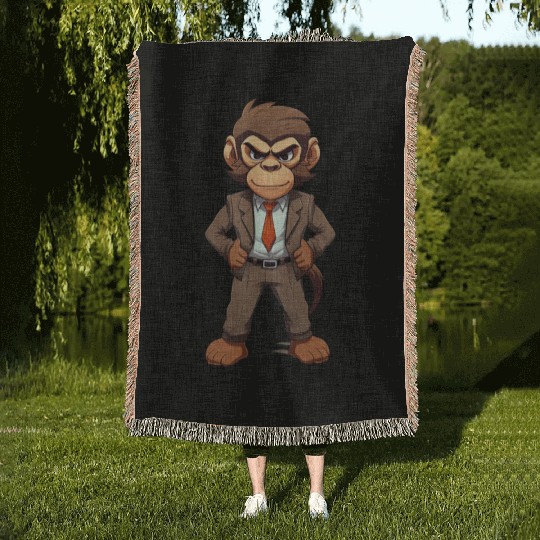 cartoon anime monkey wearing suit Woven Blankets
