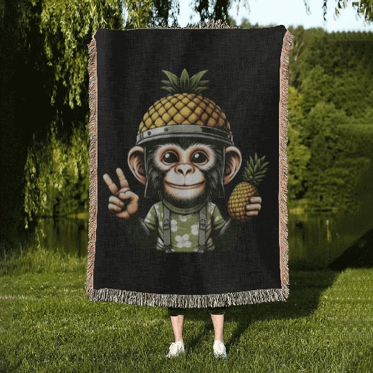 Friendly monkey in pineapple helmet Woven Blankets