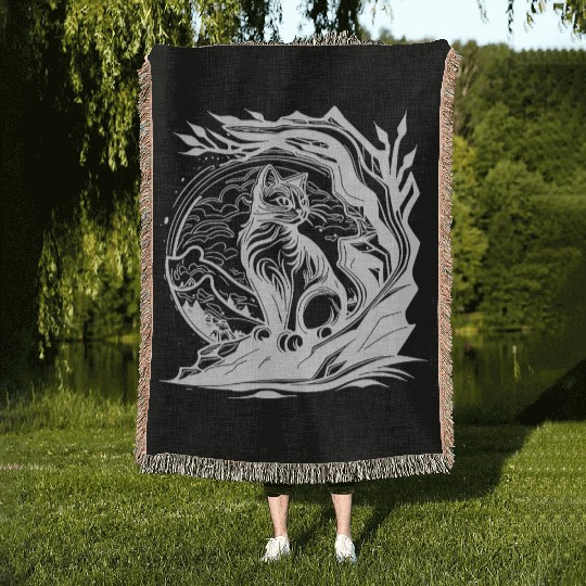 Pretty Little Nature Cat In Tattoo Style Woven Blankets