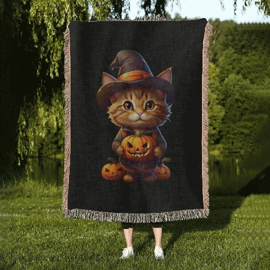 Orange Cat in Witch Costume Woven Blankets