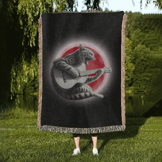 Rock Cat Playing Guitar Woven Blankets under the red moon