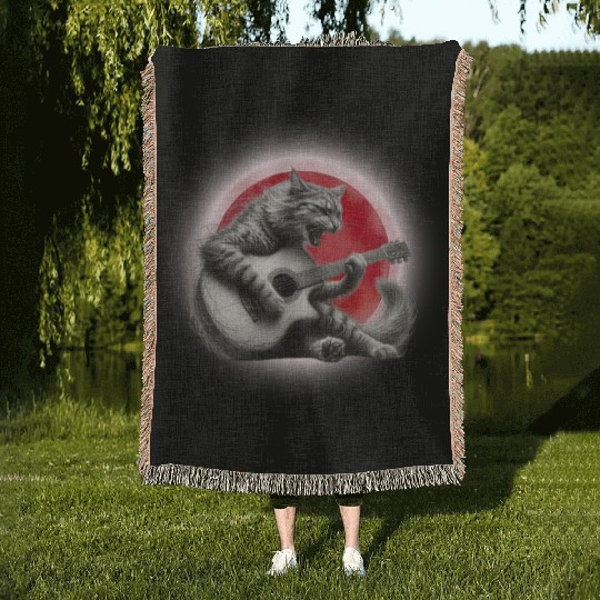 Rock Cat Playing Guitar Woven Blankets under the red moon
