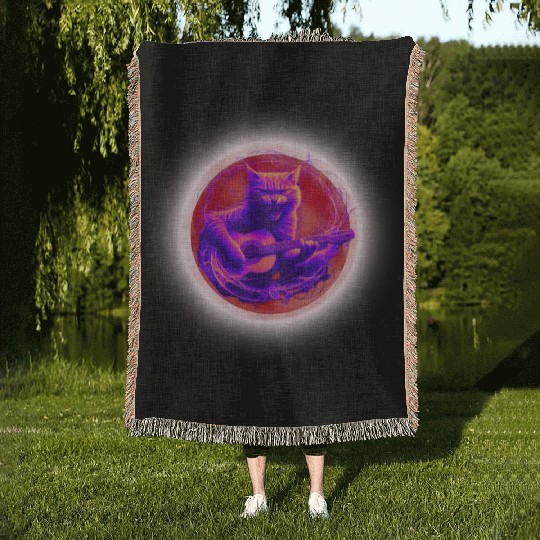 Rock Cat Playing Guitar Woven Blankets under the red moon