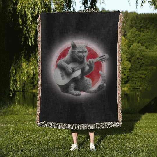 Rock Cat Playing Guitar Woven Blankets under the red moon