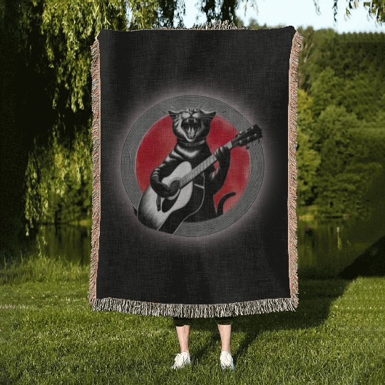 Rock Cat Playing Guitar Woven Blankets under the red moon