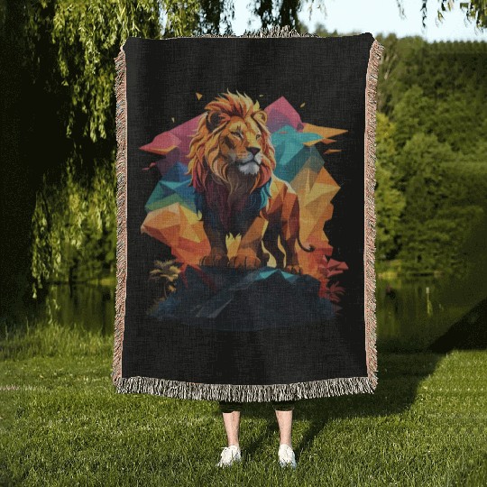 Fantasy Majestic Colourful Lion Polygon Art Design Woven Blankets