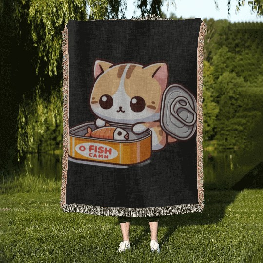 Cat opens fish can Woven Blankets