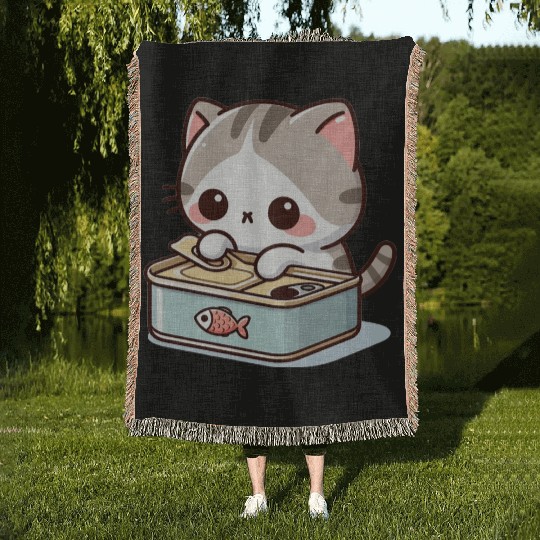 Cat opens fish can Woven Blankets