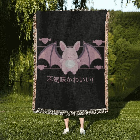 Kawaii Bat Creepy Cute Animal Japanese Kanji Paste Woven Blankets