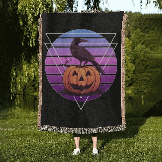 Raven Crow On Pumpkin Vaporwave Halloween Pagan Ae Woven Blankets