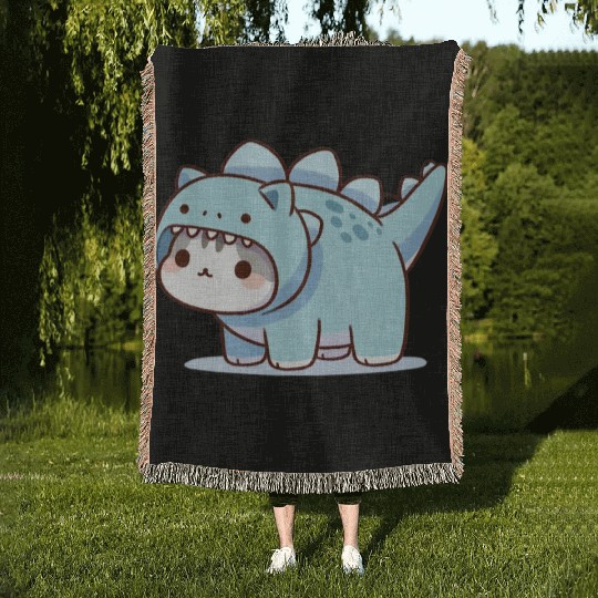 Cat in Stegosaurus Costume Woven Blankets