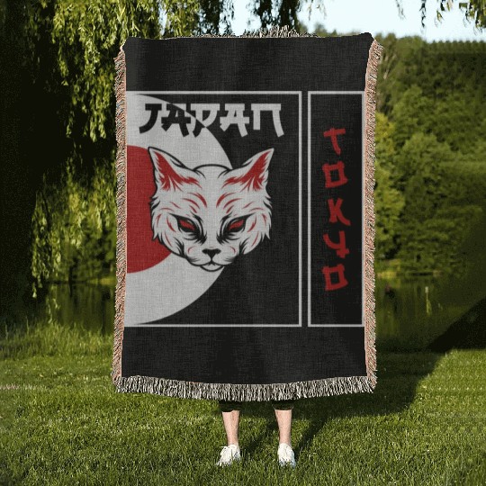 kawaii cat anime japanese retro Woven Blankets