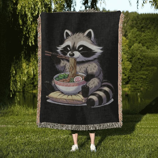 Cute Raccoon Eats Ramen Noodles Raccoon Ramen Woven Blankets
