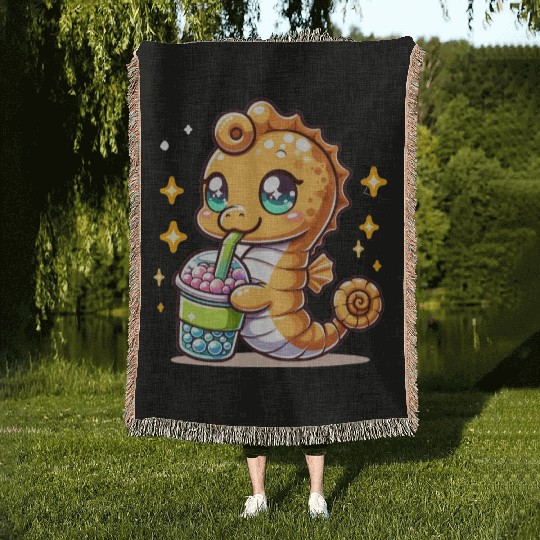 Kawaii Sea Horse Enjoys Bubble Tea Sea Animal Boba Woven Blankets