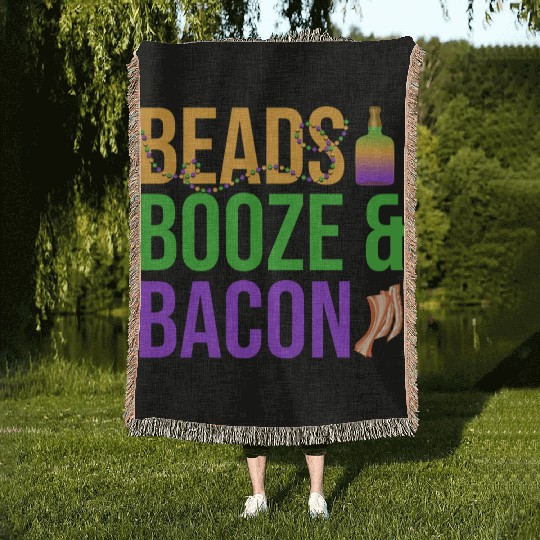 Beads Booze & Bacon Mardi Gras Carnival Woven Blankets