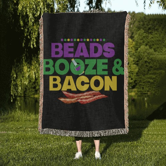 Beads Booze & Bacon Carnival Mardi Gras Woven Blankets