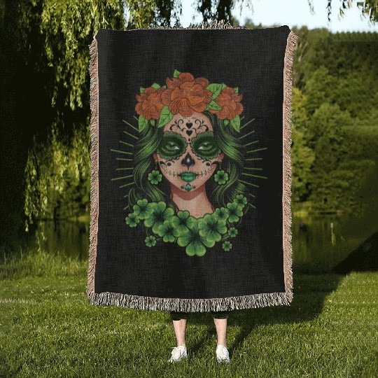 St Patrick's Day Dia De Los Muertos Catrina Woven Blankets