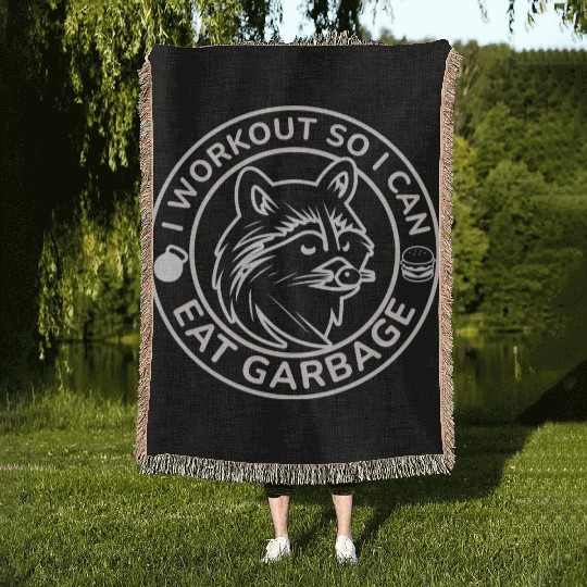 I Workout So I Can Eat Garbage Funny Gym Raccoon Woven Blankets